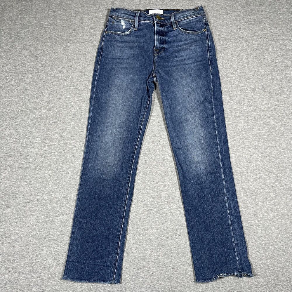 FRAME Le High Straight Jeans Womens 25 Blue Medium Wash Frayed Hem Denim